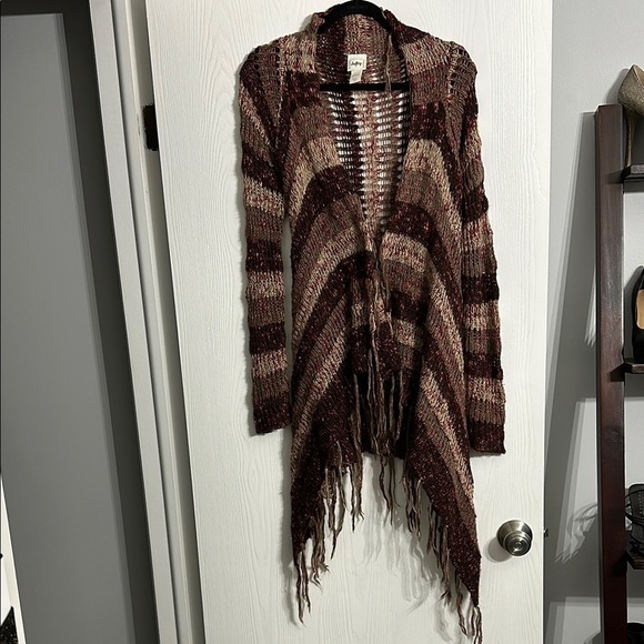 Daytrip Brown and Cream Striped Cardigan with Fringe - Picture 1 of 4
